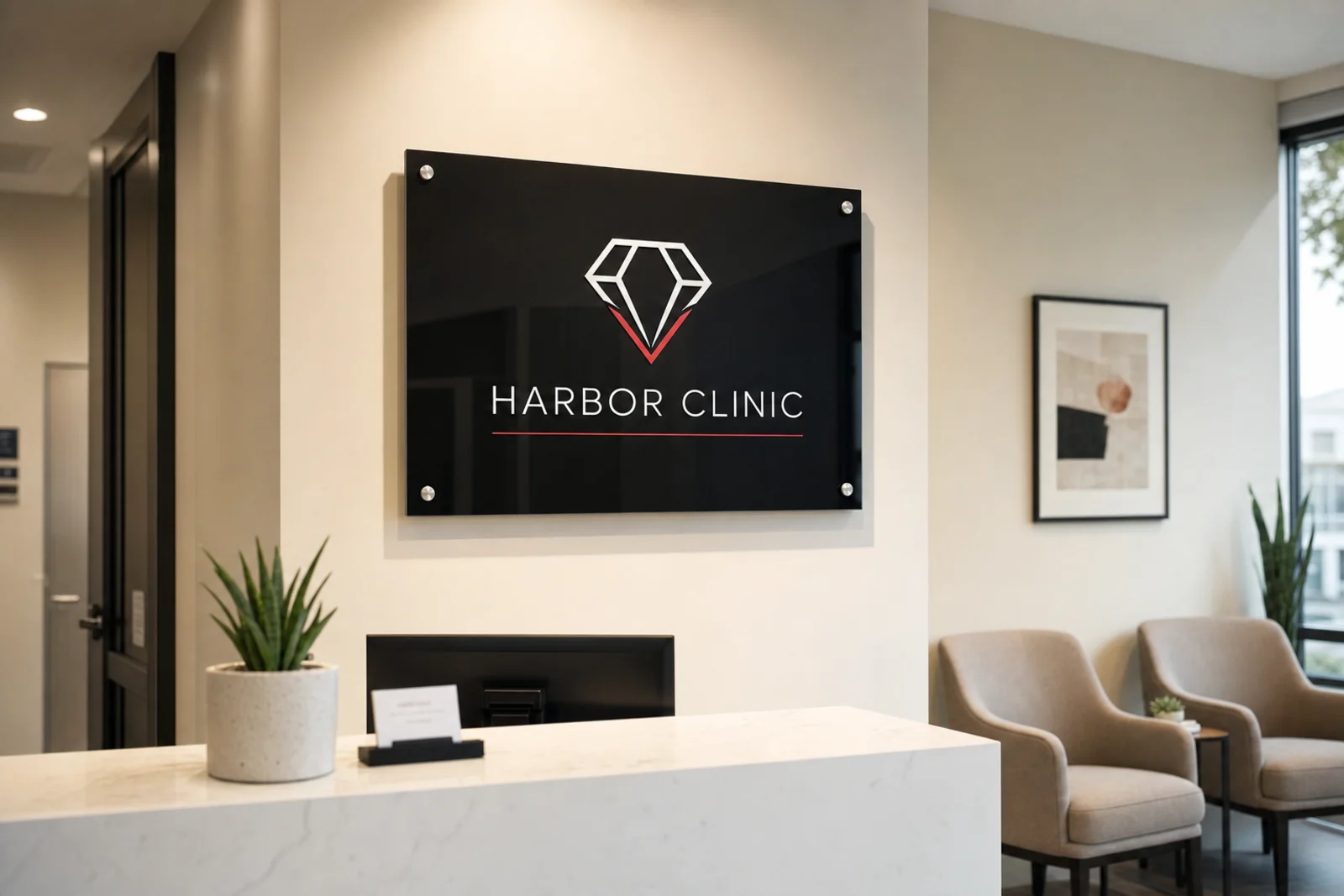A black acrylic wall panel with a logo, on four polished standoffs, behind a white reception desk