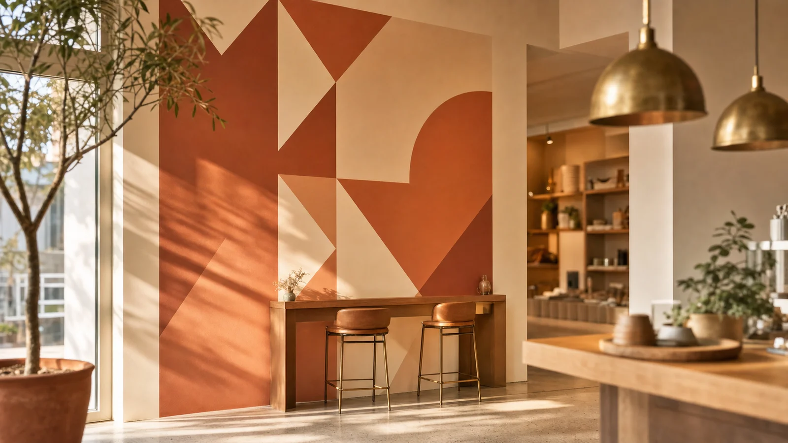 A coffee shop lobby with a large geometric wall vinyl mural in warm terracotta and cream tones