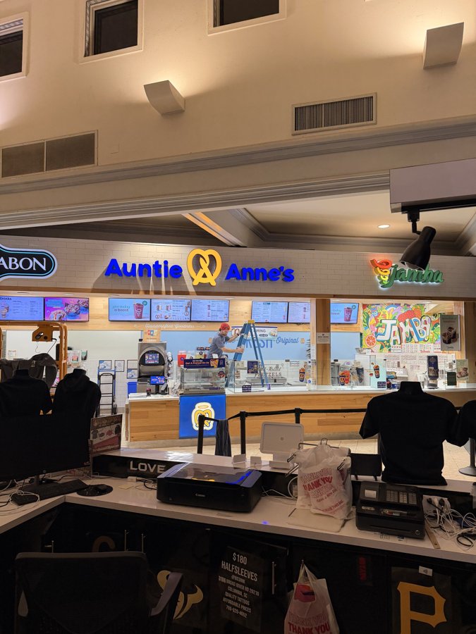 Auntie Anne's storefront and counter inside a mall food court