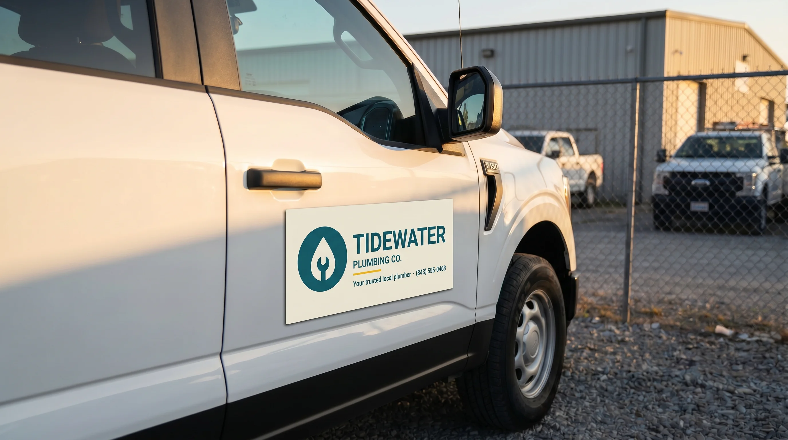 A pair of magnetic signs on the door of a white service van, showing full-color business branding.
