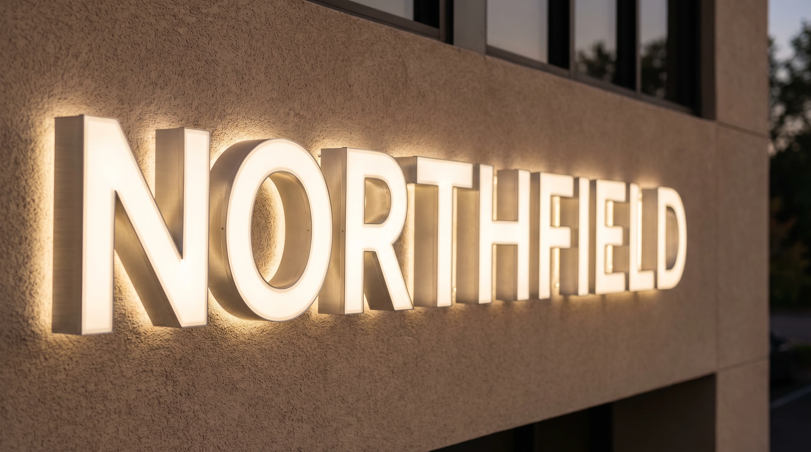 Dual-lit channel letters glowing from the face and casting a halo on the wall behind at night.