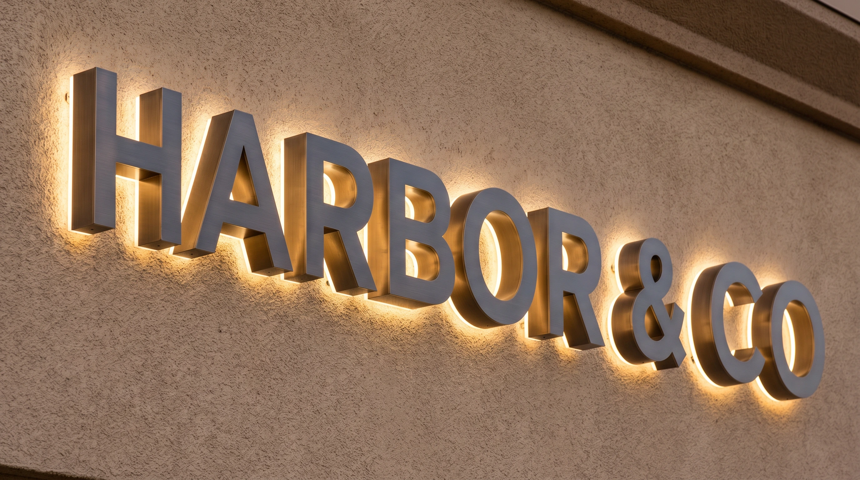 Halo-lit channel letters casting a warm glow on a stone facade at night.