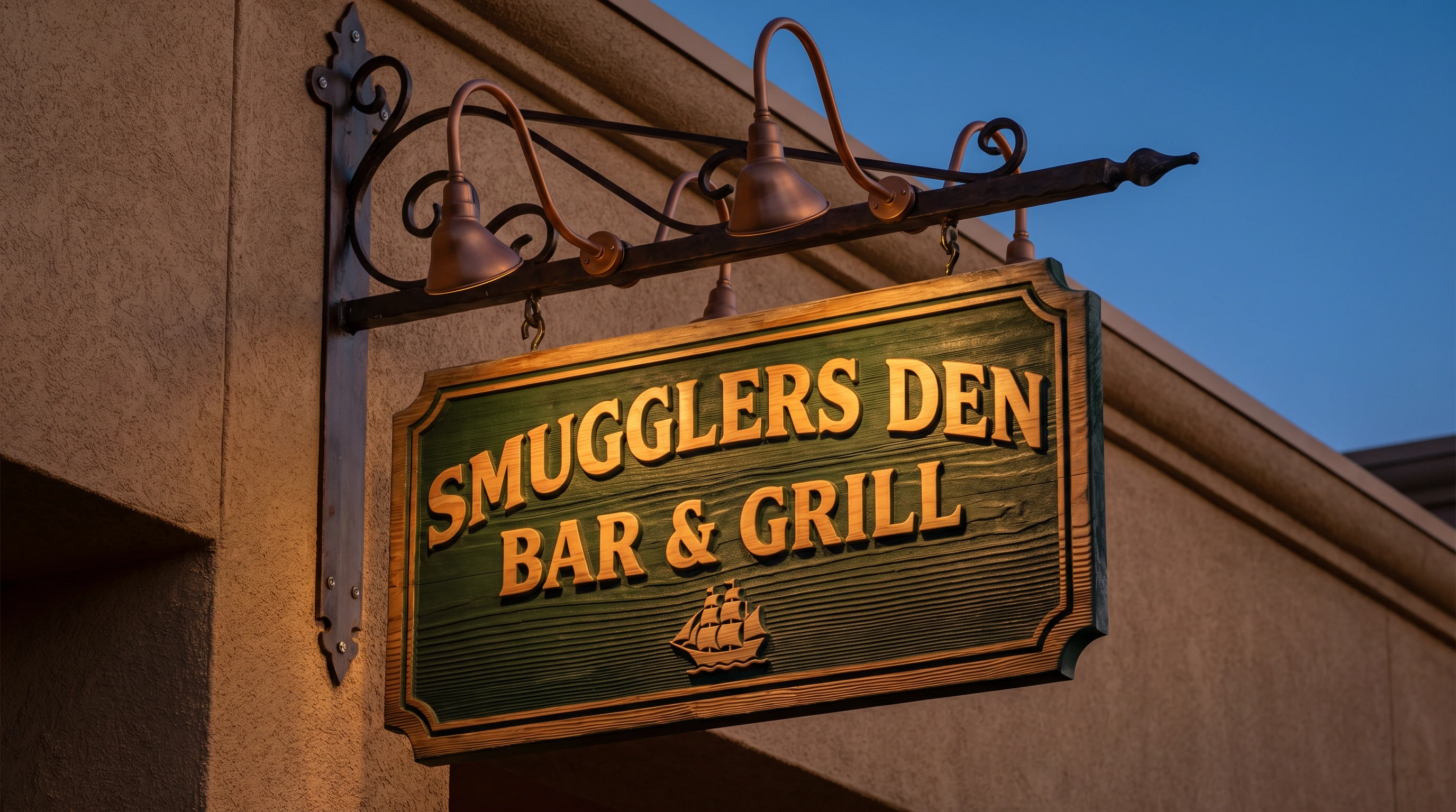 A sandblasted Western Red Cedar sign with carved relief lettering and 1-Shot enamel paint on a rustic storefront.