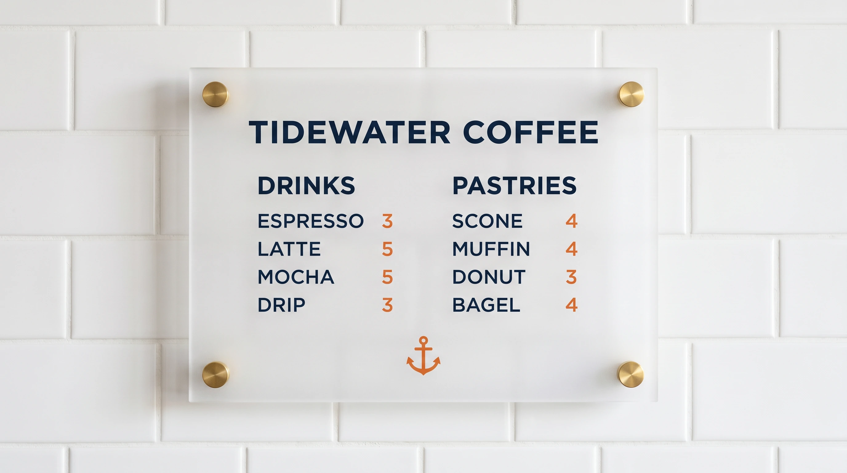 Frosted acrylic menu panel mounted on stainless standoff hardware on a restaurant wall.
