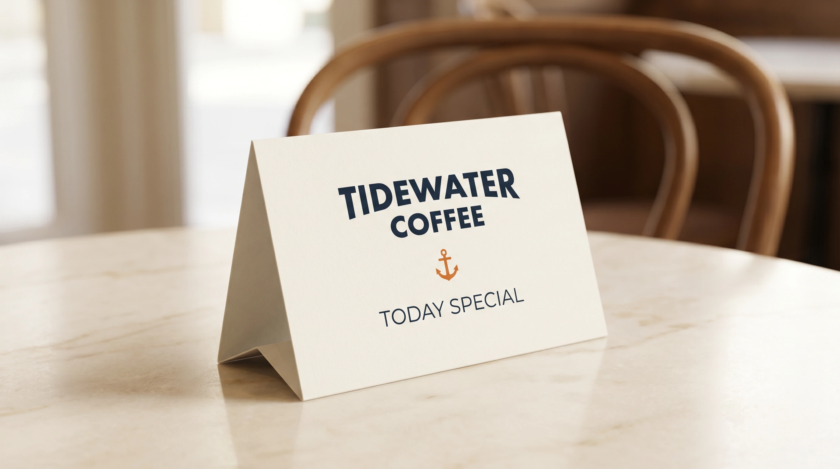 Full-color table tent cards printed on gloss cardstock standing on a restaurant table.